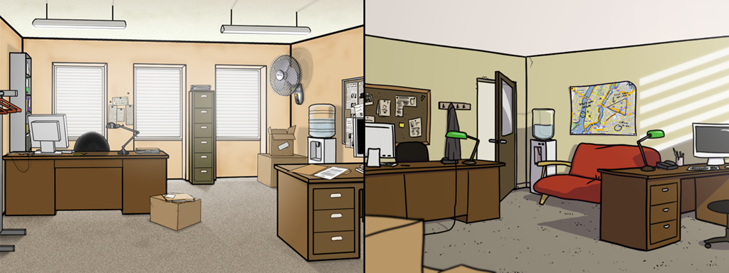 old and new versions of Adam and Frank's office